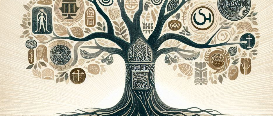 Illustration of symbols from Christianity and ancient religions intertwined, highlighting their shared motifs and narratives.